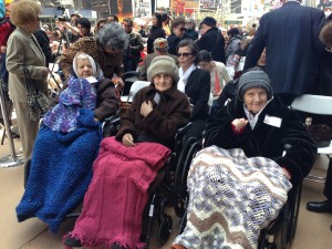 Armenian Genocide survivors (l-r) Perouz Kaloustian, Arshalouis Dadir and Charlotte Kechejian, present at the Times Square Commemoration