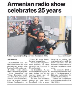Article praising The Voice of Nor Serount - 27 Nov 2013 Article - Northern Districts Times, Sydney NSW.