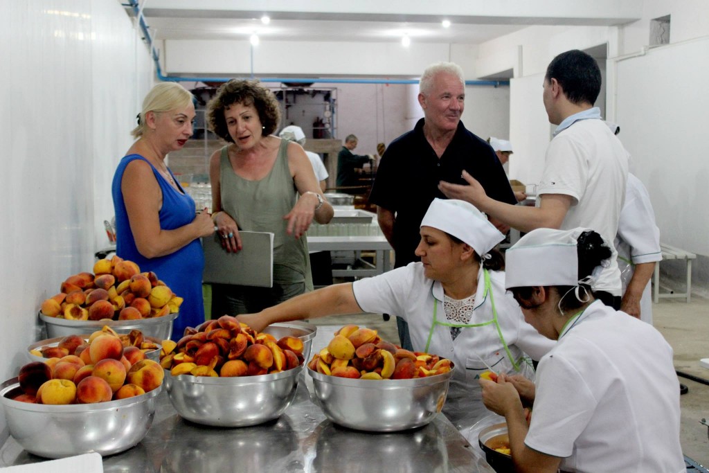 Oxfam in Armenia Country Director Margarita Hakobyan (center) visits workers at the Ayrum Fruits factory prior to its grand openin