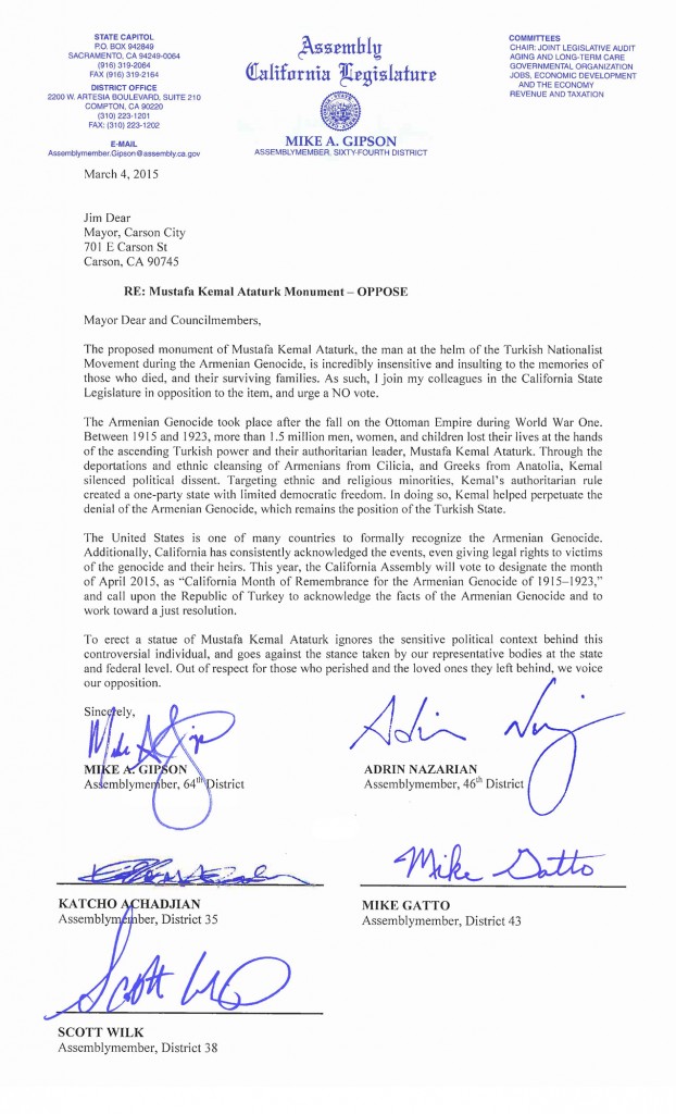 Letter to Carson City Council by Assemblymembers Gipson, Achajian, Gatto, Wilk and Nazarian