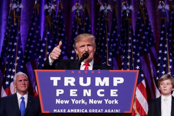 NEW YORK, NY - NOVEMBER 09:  Republican president-elect Donald Trump gives a thumbs up to the crowd during his acceptance speech at his election night event at the New York Hilton Midtown in the early morning hours of November 9, 2016 in New York City. Donald Trump defeated Democratic presidential nominee Hillary Clinton to become the 45th president of the United States.  (Photo by Chip Somodevilla/Getty Images)