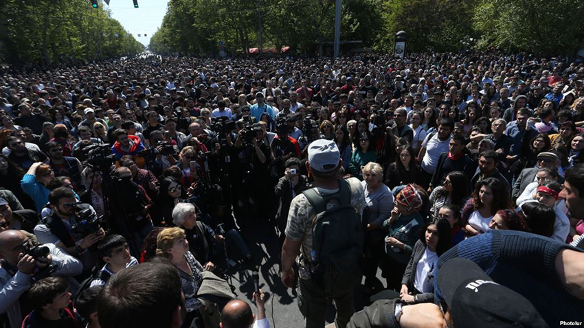 During the fourth day of the protest actions against Armenian former President Serzh Sargsyan’s nomination as the Prime Minister of Armenia members of ‘#merjirserjin’ (Reject Serzh) initiative under the leadership of the Armenian MP Nikol Pashinyan closed a number of main streets and avenues of Yerevan, Armenia, 16, April 2018