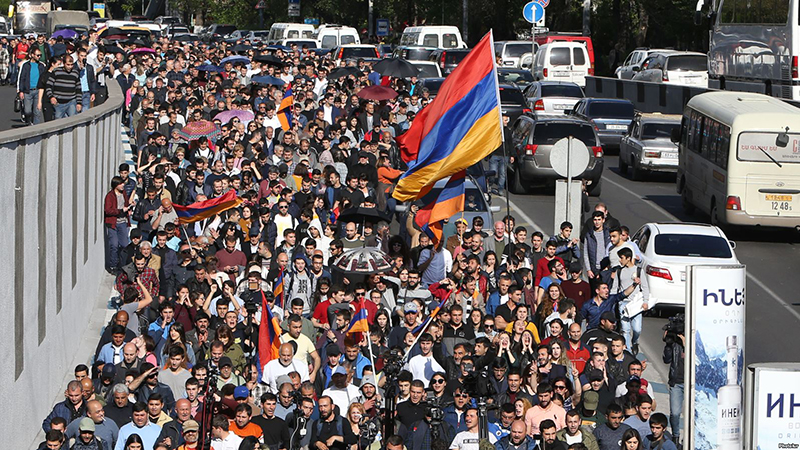 Leader of 'My Step' initiative Nikol Pashinyan and other young activists hold a protest march in Yerevan, Armenia
