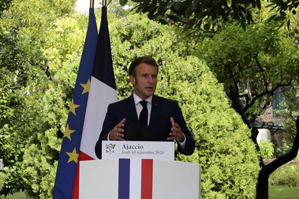 French President Emmanuel Macron gives a press conference at Corsica's prefecture in Ajaccio, Corsica island, Thursday Sept.10, 2020. Leaders of EU countries on the Mediterranean will later hold an emergency meeting amid fears of open conflict with Turkey stemming from mounting tensions over oil and gas resources. (Ludovic Marin / POOL via AP)