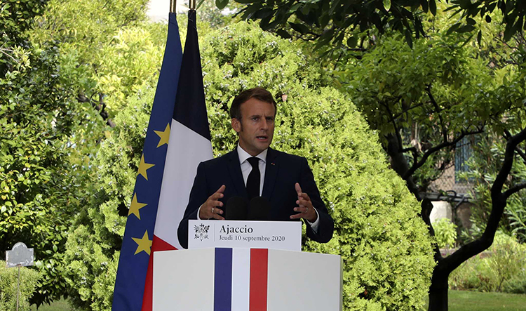 French President Emmanuel Macron gives a press conference at Corsica's prefecture in Ajaccio, Corsica island, Thursday Sept.10, 2020. Leaders of EU countries on the Mediterranean will later hold an emergency meeting amid fears of open conflict with Turkey stemming from mounting tensions over oil and gas resources. (Ludovic Marin / POOL via AP)