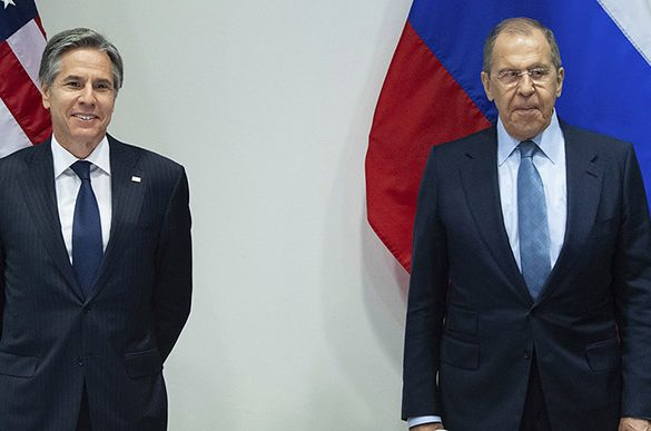 U.S. Secretary of State Antony Blinken, left, poses with Russian Foreign Minister Sergey Lavrov, right, before a meeting at the Harpa Concert Hall in Reykjavik, Iceland, Wednesday, May 19, 2021, on the sidelines of the Arctic Council Ministerial summit. (Saul Loeb/Pool Photo via AP)