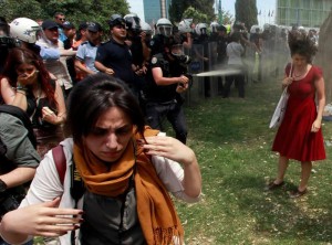 In a photo that has been adopted by protesters as a symbol of their struggle, a Turkish riot policeman uses tear gas against a woman during a rally in Taksim Square in central Istanbul on May 28.