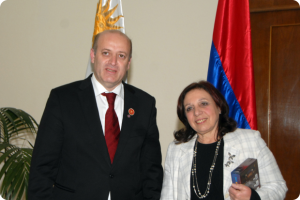 Social Democrat Hunchakian Party Central Committee Chair Mr. Hagop Dikranian with Ms. Ana Olivera, the Intendant (Mayor) of Montevideo. (June 22, 2015)