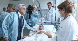 President Serzh Sarkisian visits a military hospital in Yerevan where Armenian soldiers wounded in Nagorno-Karabakh receive treatment,