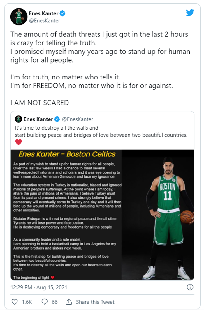 Enes Kanter has received 'hundreds and hundreds of death threats